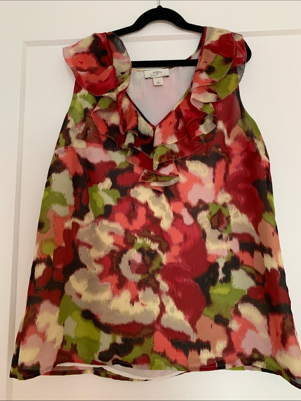 LOFT Floral Ruffle V-Neck Sleeveless Camisole in Red, Green, Cream